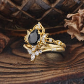 Elegant 5 Prong Pear-Cut Black Onyx Engagement Ring Set